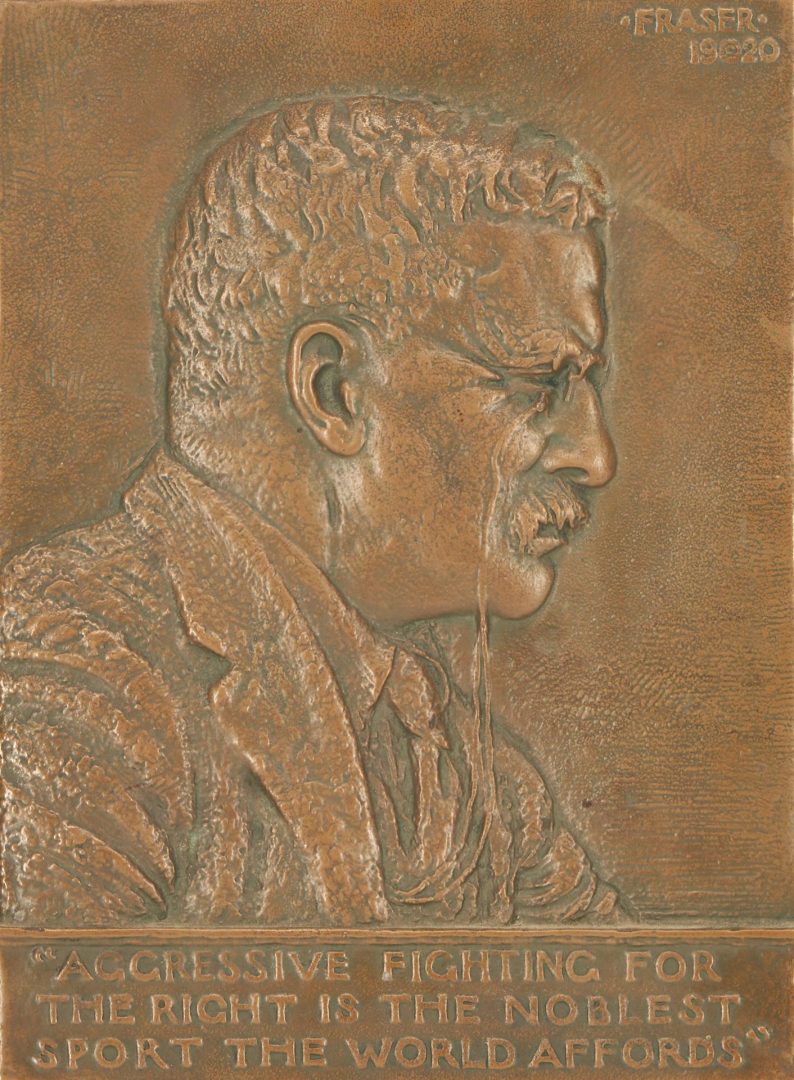 Lot 663: James Earl Fraser Bronze Bas Relief Plaque, T. Roosevelt, Dec. Arts Label