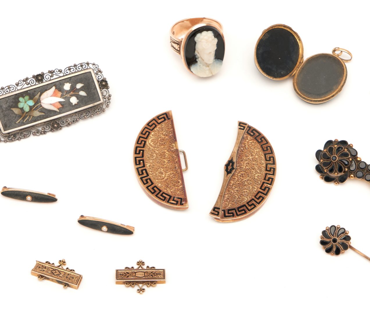 Lot 727: 15 Pcs. Victorian Jewelry incl. Mourning, Cameo, Micromosaic