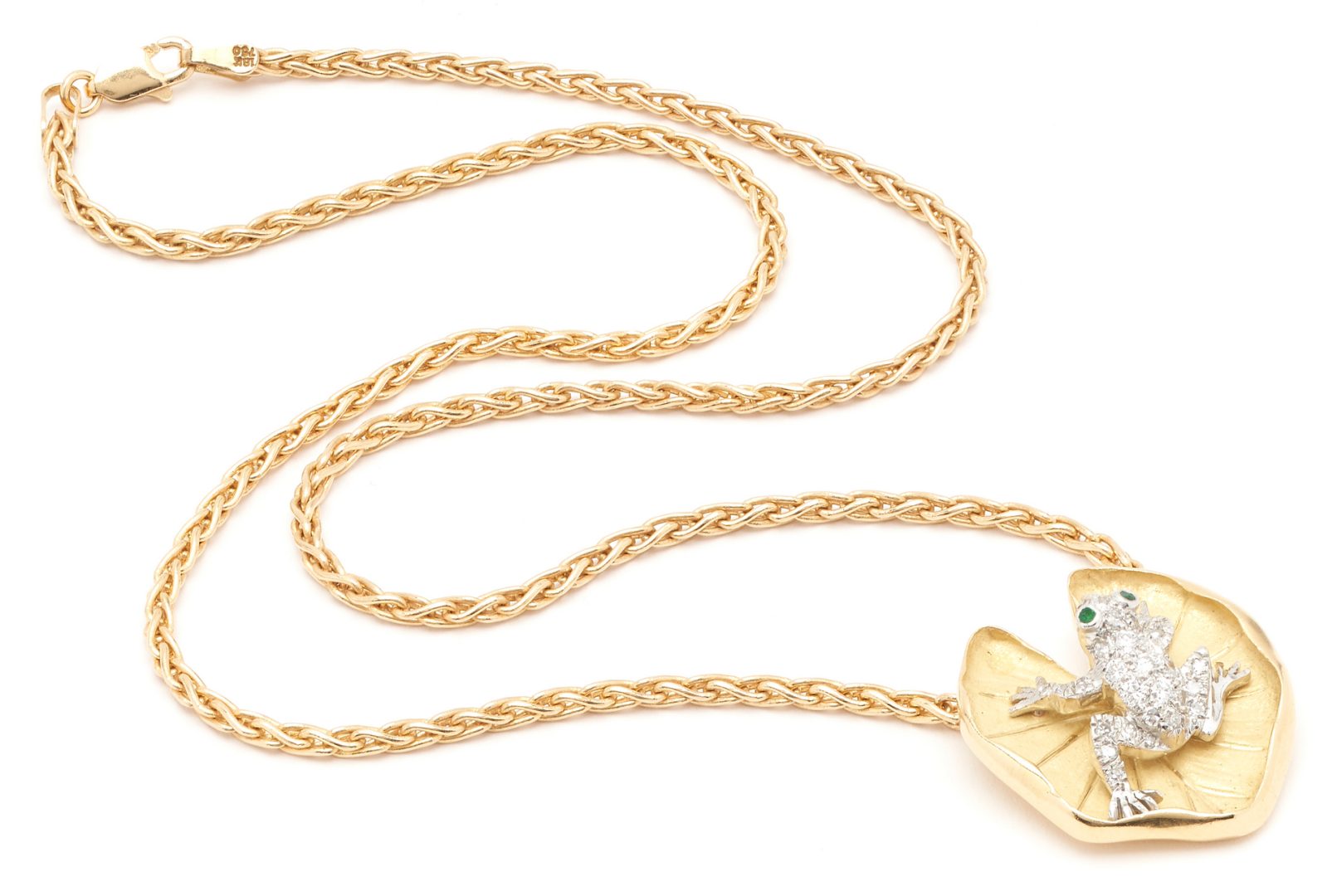 Lot 753: McTeigue Diamond Emerald Platinum 18K Gold Lily Pad Frog Necklace