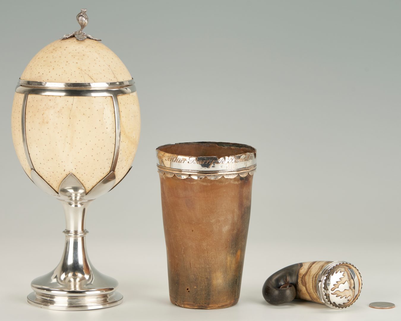 Lot 779: J. Angell Sterling Mounted Ostrich Egg plus Horn Cup, Snuff Mull