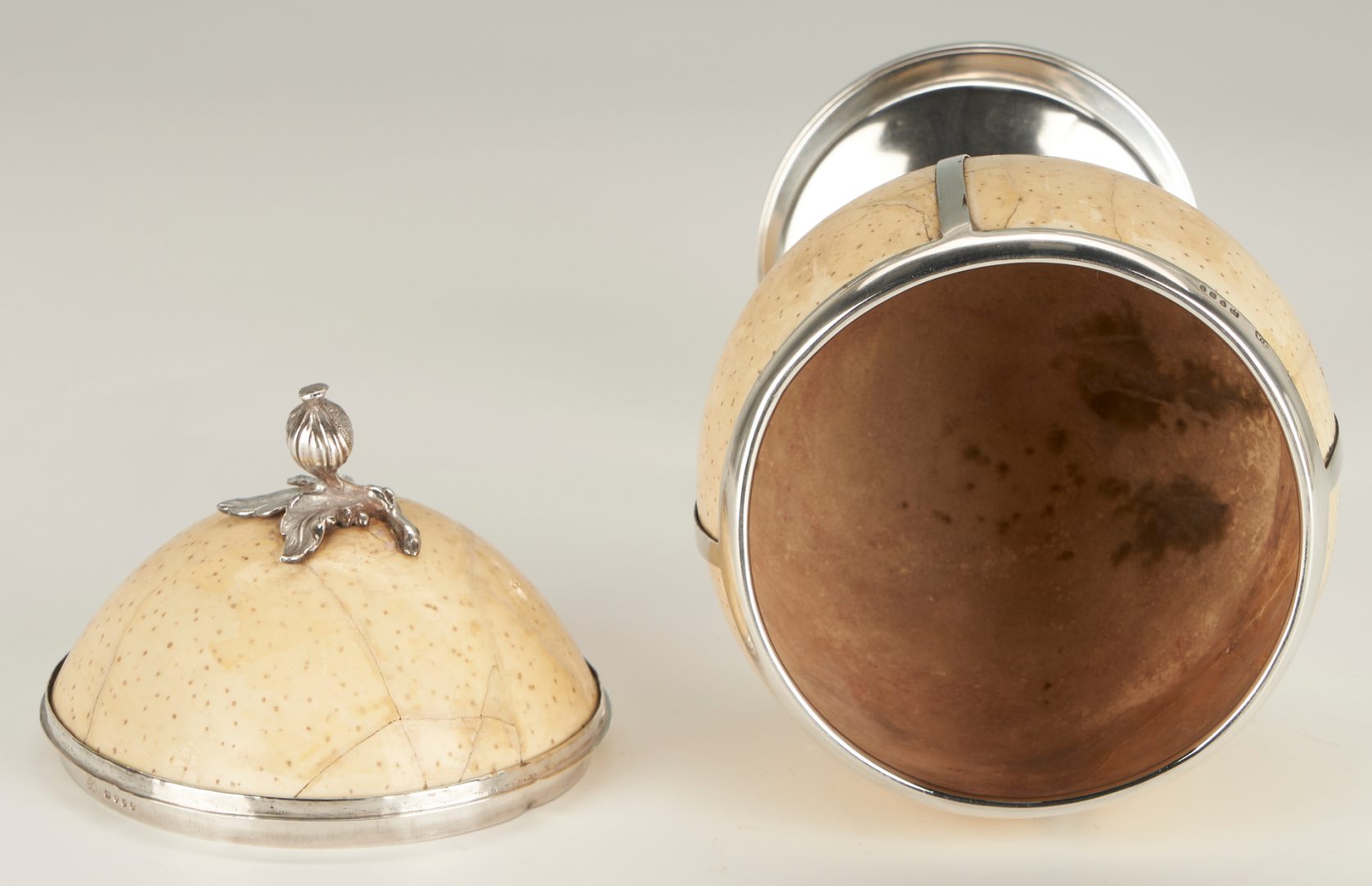 Lot 779: J. Angell Sterling Mounted Ostrich Egg plus Horn Cup, Snuff Mull