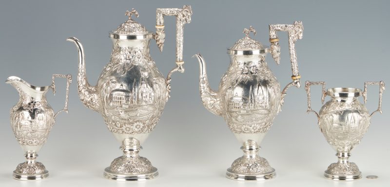 Lot 80: Louisiana Themed Jackson Square and Pelicans Coin Silver Tea Set, New Orleans