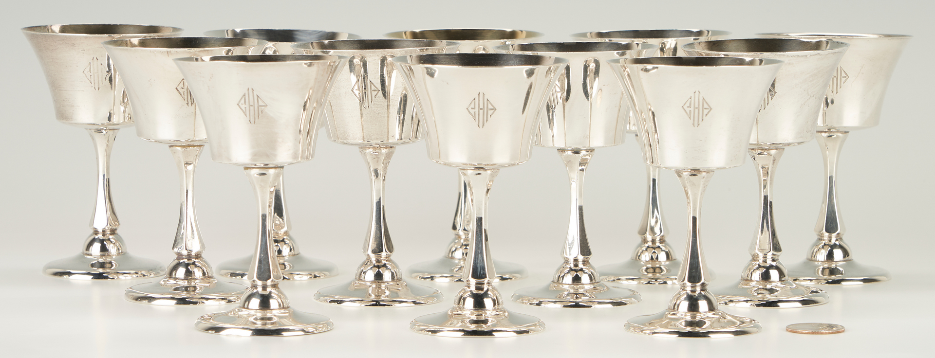 Lot 821: 12 Black, Starr, & Frost Small Sterling Silver Wine Goblets