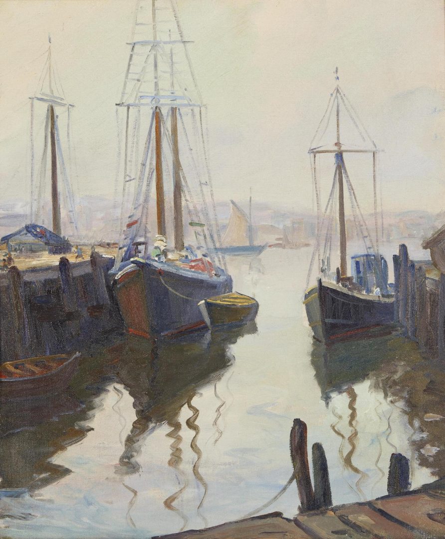 Lot 916: Attr. Carl Hayden O/C Marine Painting, Boats at Docks