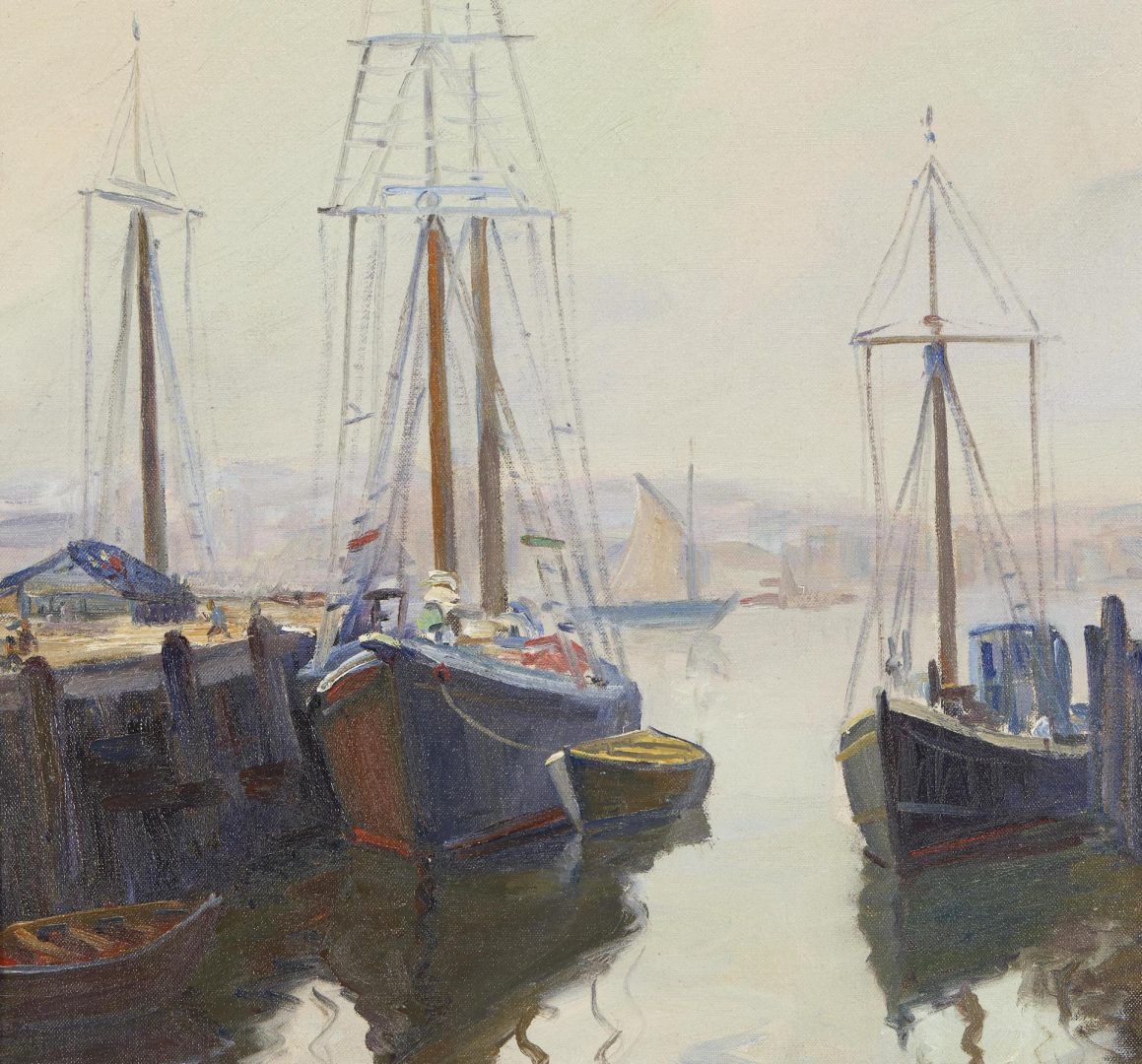 Lot 916: Attr. Carl Hayden O/C Marine Painting, Boats at Docks