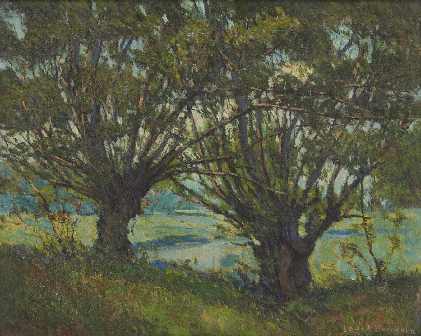 Lot 920: Louis Frederick Berneker O/C Painting, Trees by a Shore