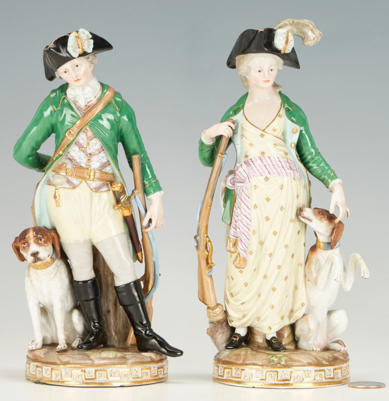 Lot 976: Pair Meissen Figures, Hunter and Huntress with Dogs
