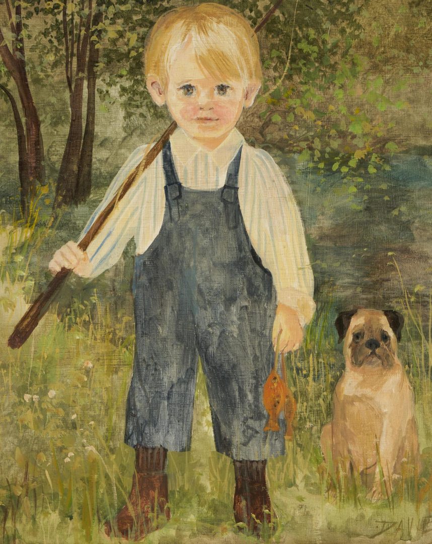Lot 105: Jeanne Davies O/B Painting, Jeremy & his Pup-Gone Fishin'