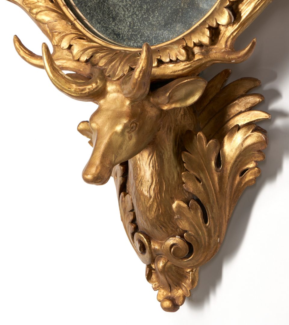 Lot 134: Pr. Giltwood Carved Deer Head Mirrors