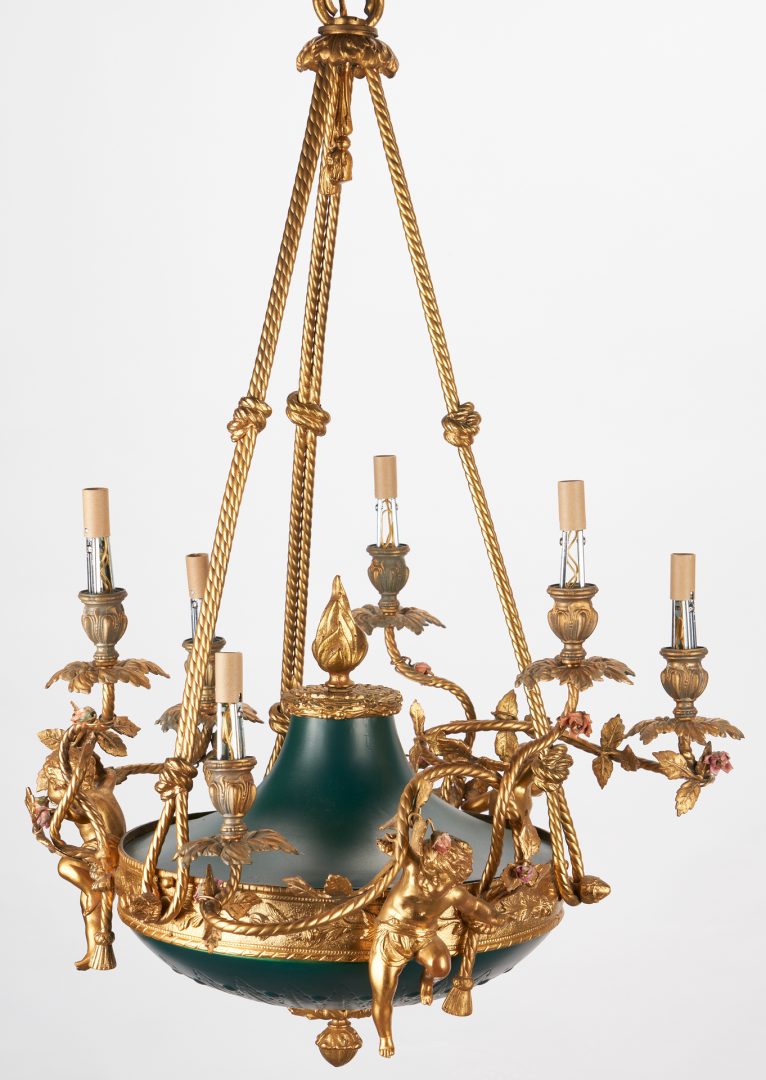 Lot 137: French Empire Style Bronze Figural Chandelier with Green