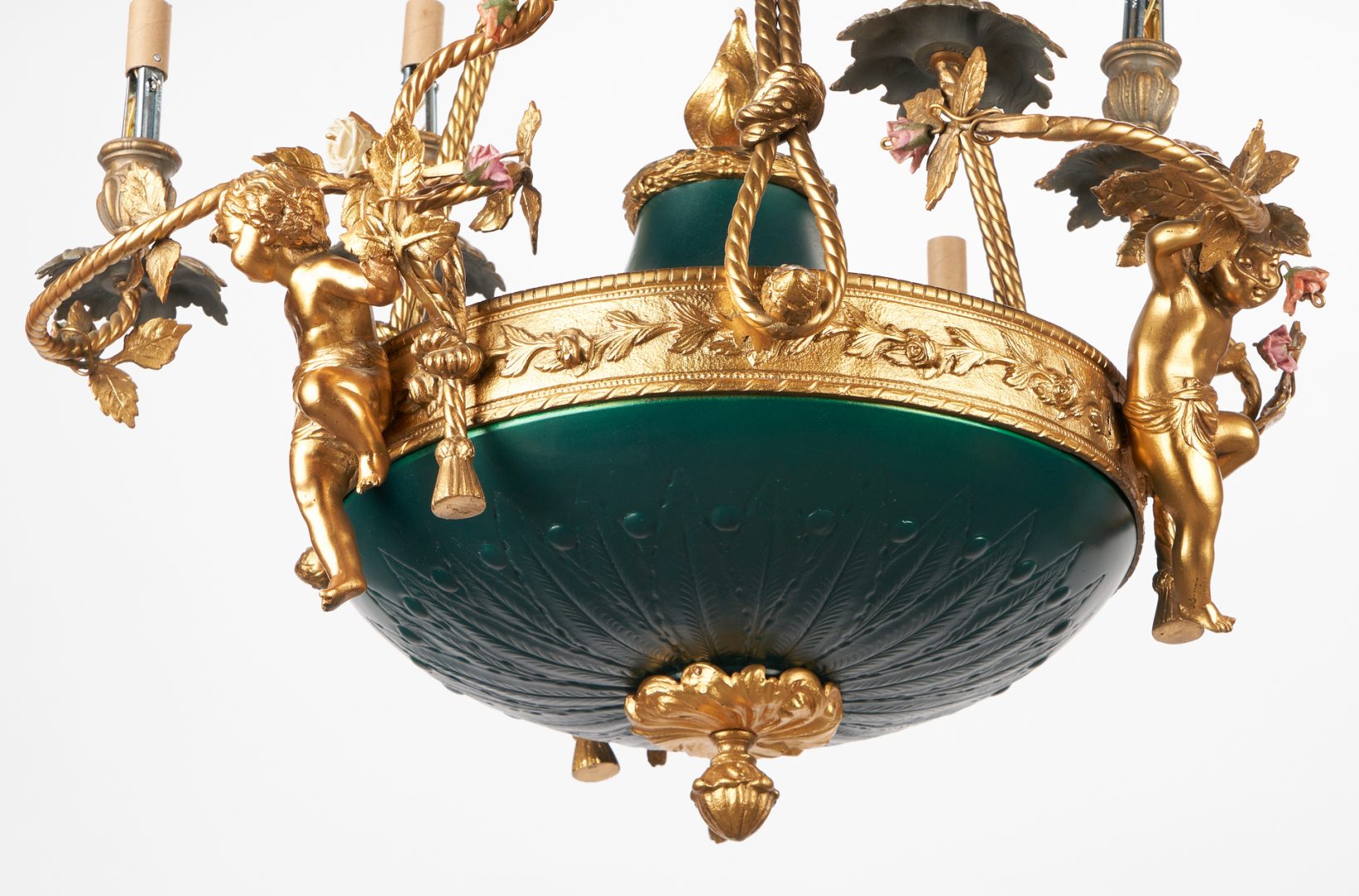 Lot 137: French Empire Style Bronze Figural Chandelier with Green