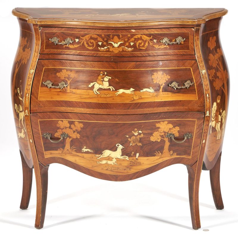 Lot 143: European Marquetry Inlaid Commode w/ Hunt Scenes
