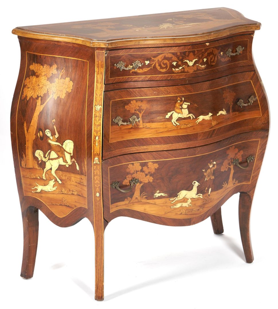 Lot 143: European Marquetry Inlaid Commode w/ Hunt Scenes