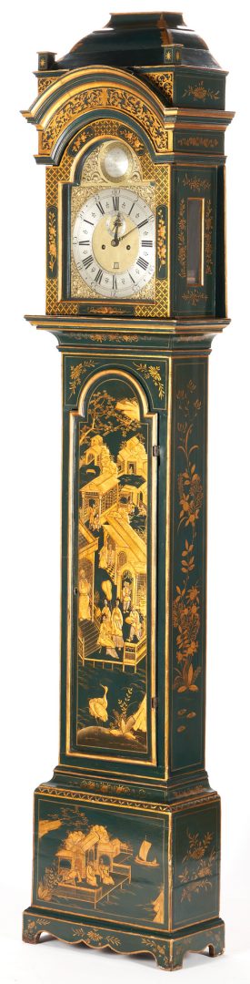 Lot 152: George III Green Lacquered Chinoiserie Tall Clock, Thos. Butterfield
