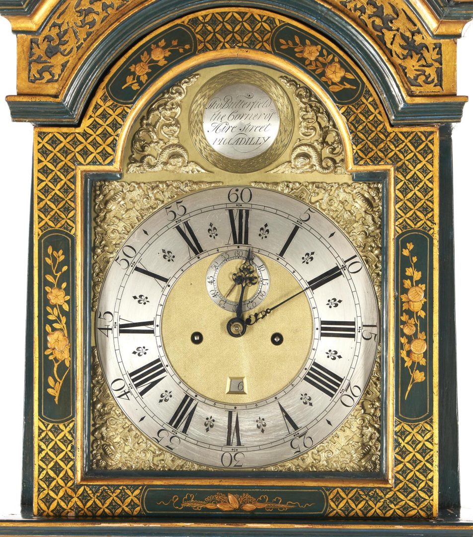 Lot 152: George III Green Lacquered Chinoiserie Tall Clock, Thos. Butterfield