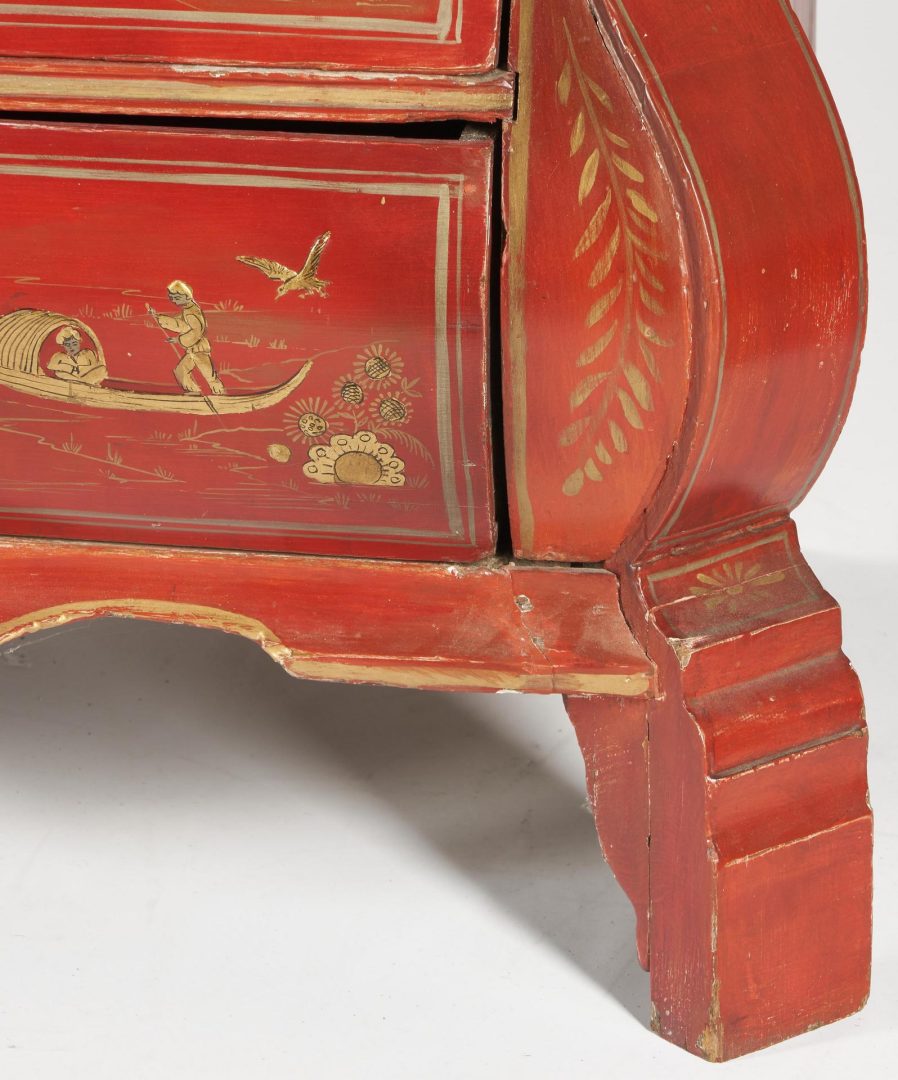 Lot 162: Red Chinoiserie Dutch Bombe Linen Press