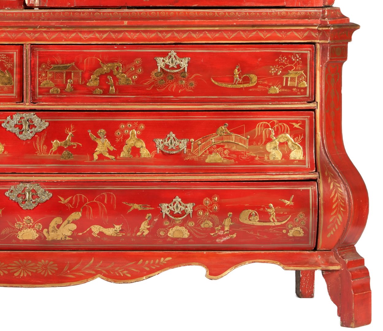 Lot 162: Red Chinoiserie Dutch Bombe Linen Press