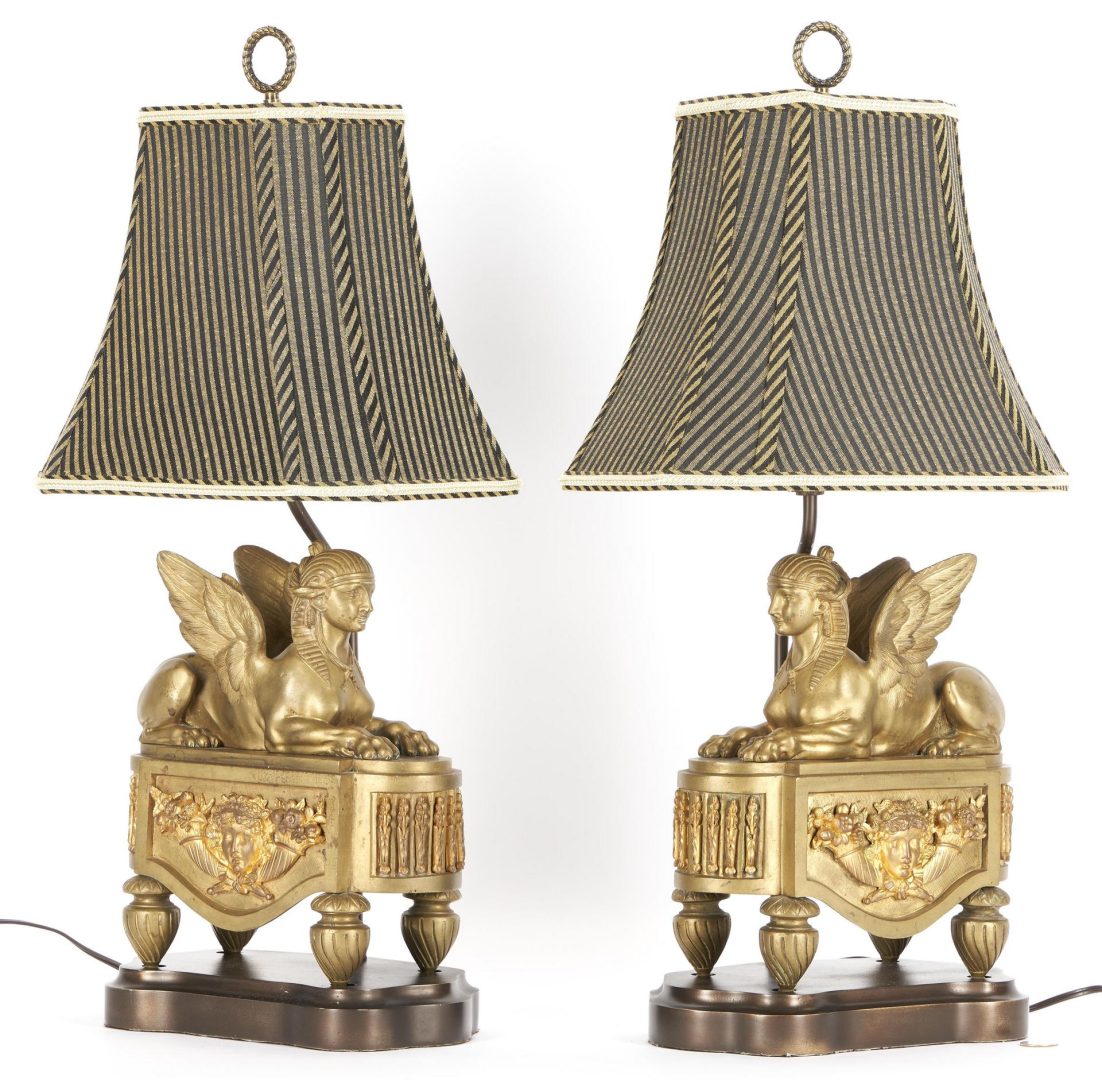 Lot 179: Pr. Bronze Sphinx Figural Chenets Fitted as Lamps