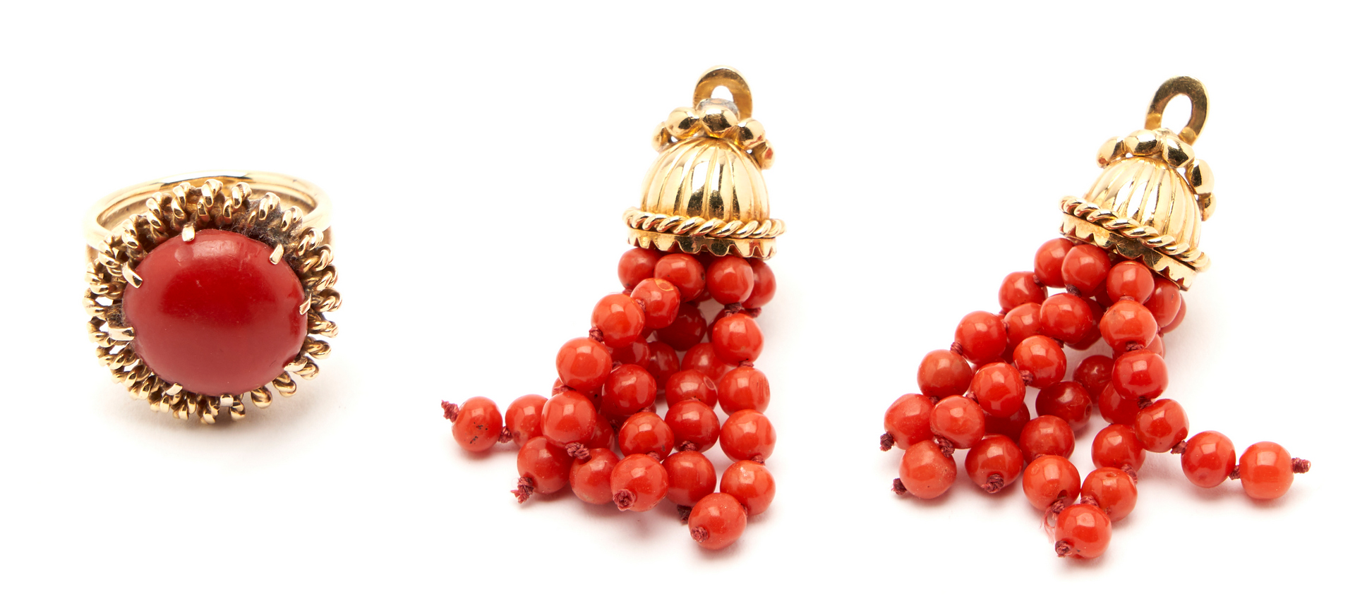 Lot 18: 18K Red Coral Necklace, Ring, & 14K Earrings