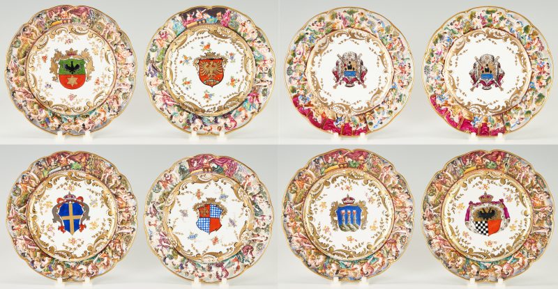 Lot 196: 8 Pcs.Capodimonte Armorial Porcelain, incl. 2 Carlo III Chargers