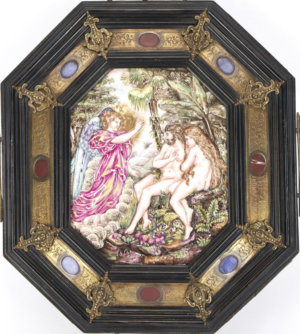 Lot 199: Capo Di Monte Relief Plaque w/ Inlaid Frame, Adam & Eve in the Garden