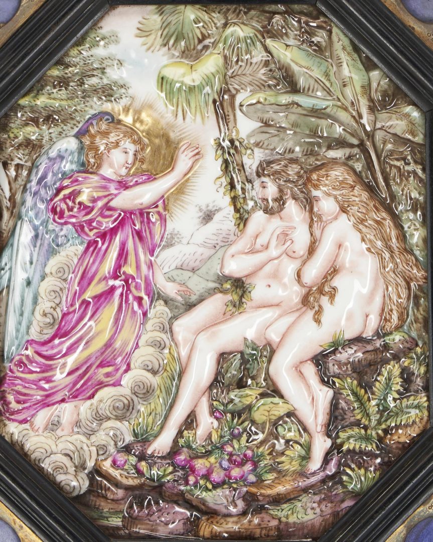 Lot 199: Capo Di Monte Relief Plaque w/ Inlaid Frame, Adam & Eve in the Garden