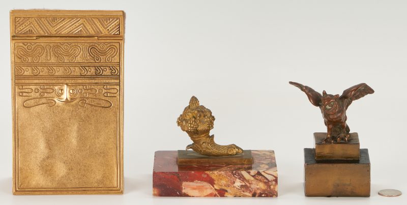 Lot 212: Tiffany Bronze Notepad Holder plus 2 Bronze Figural Desk Items, 3 items