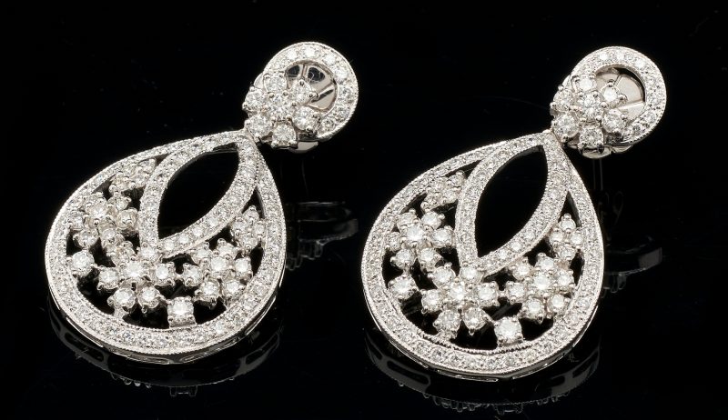 Lot 215: Pair 18K Gold & Diamond Hoop Earrings