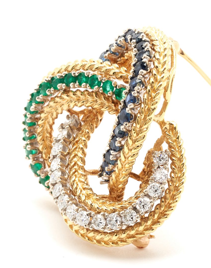 Lot 219: 18K Diamond, Emerald, & Sapphire Knot Brooch