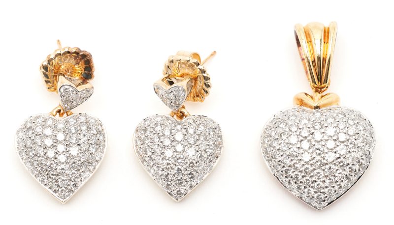 Lot 222: 14K Gold & Diamond Heart Shaped Pendant  w/ Matching Earrings
