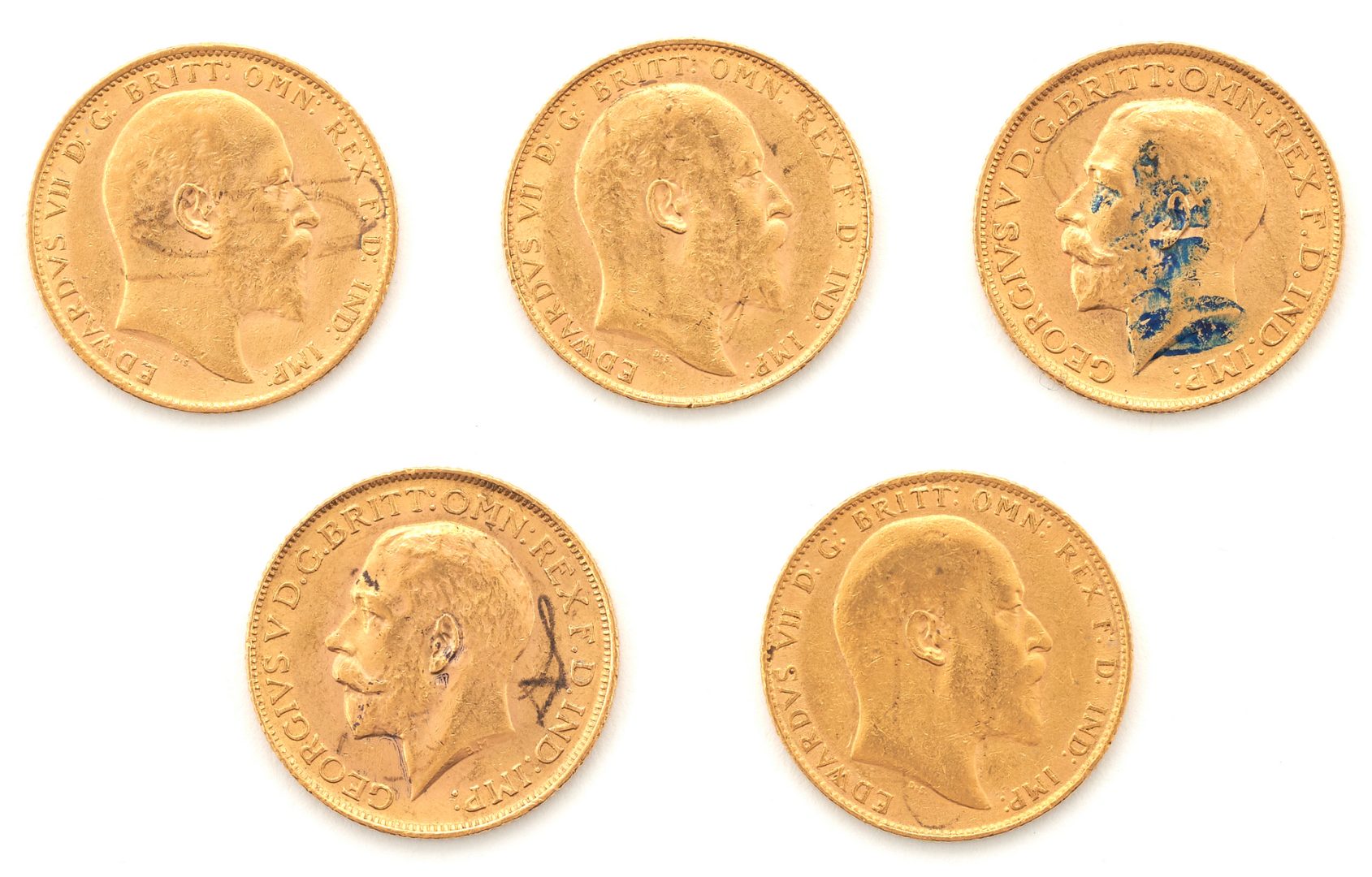 Lot 237: 5 English Gold Sovereigns, 1902-1912