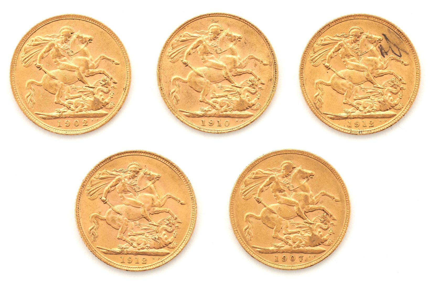 Lot 237: 5 English Gold Sovereigns, 1902-1912
