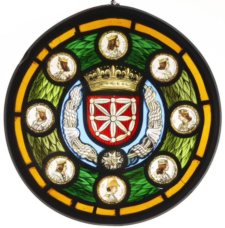 Lot 251: 19th C. Stained Glass Window, French Kings & Coat-of-Arms