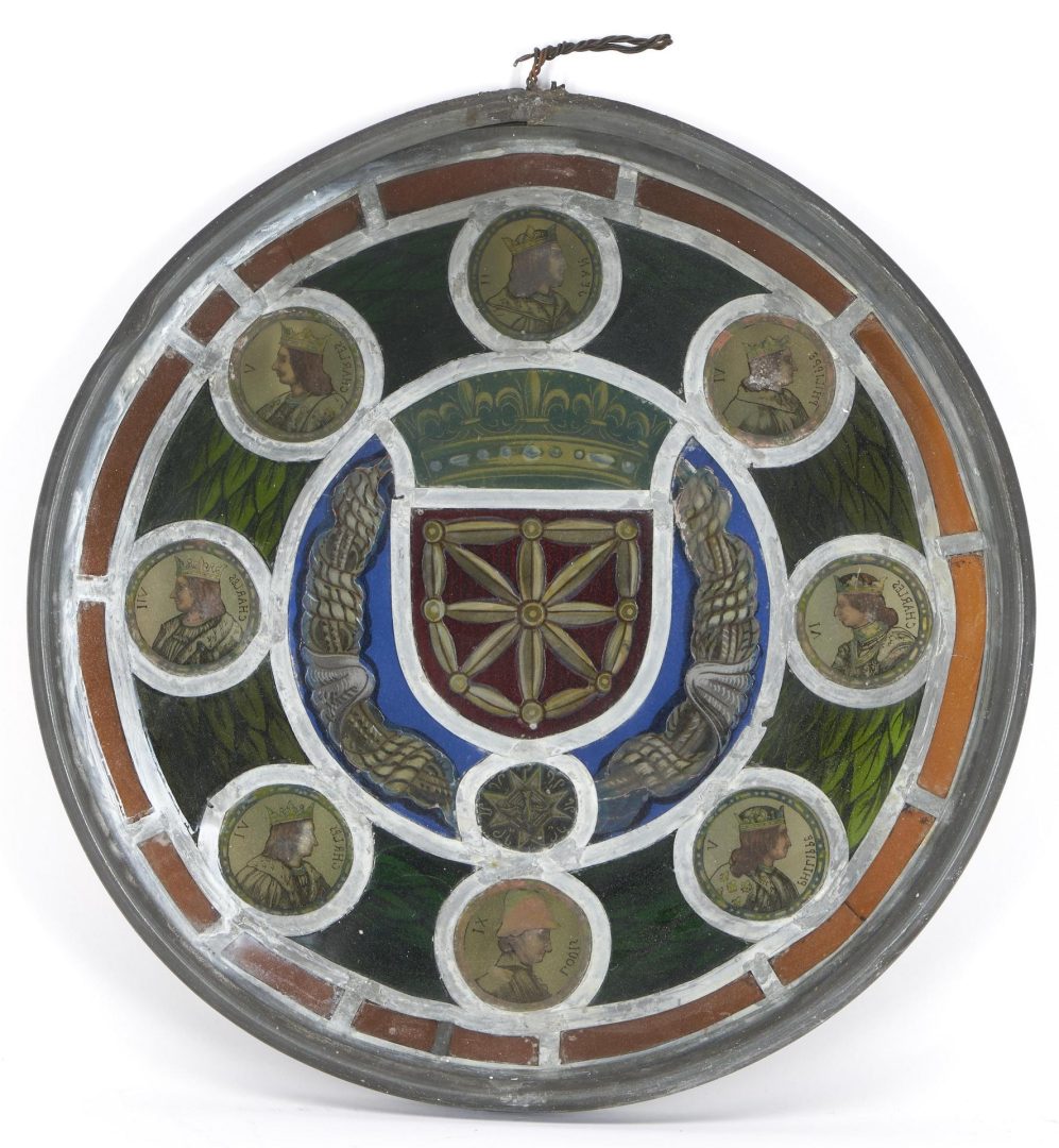 Lot 251: 19th C. Stained Glass Window, French Kings & Coat-of-Arms