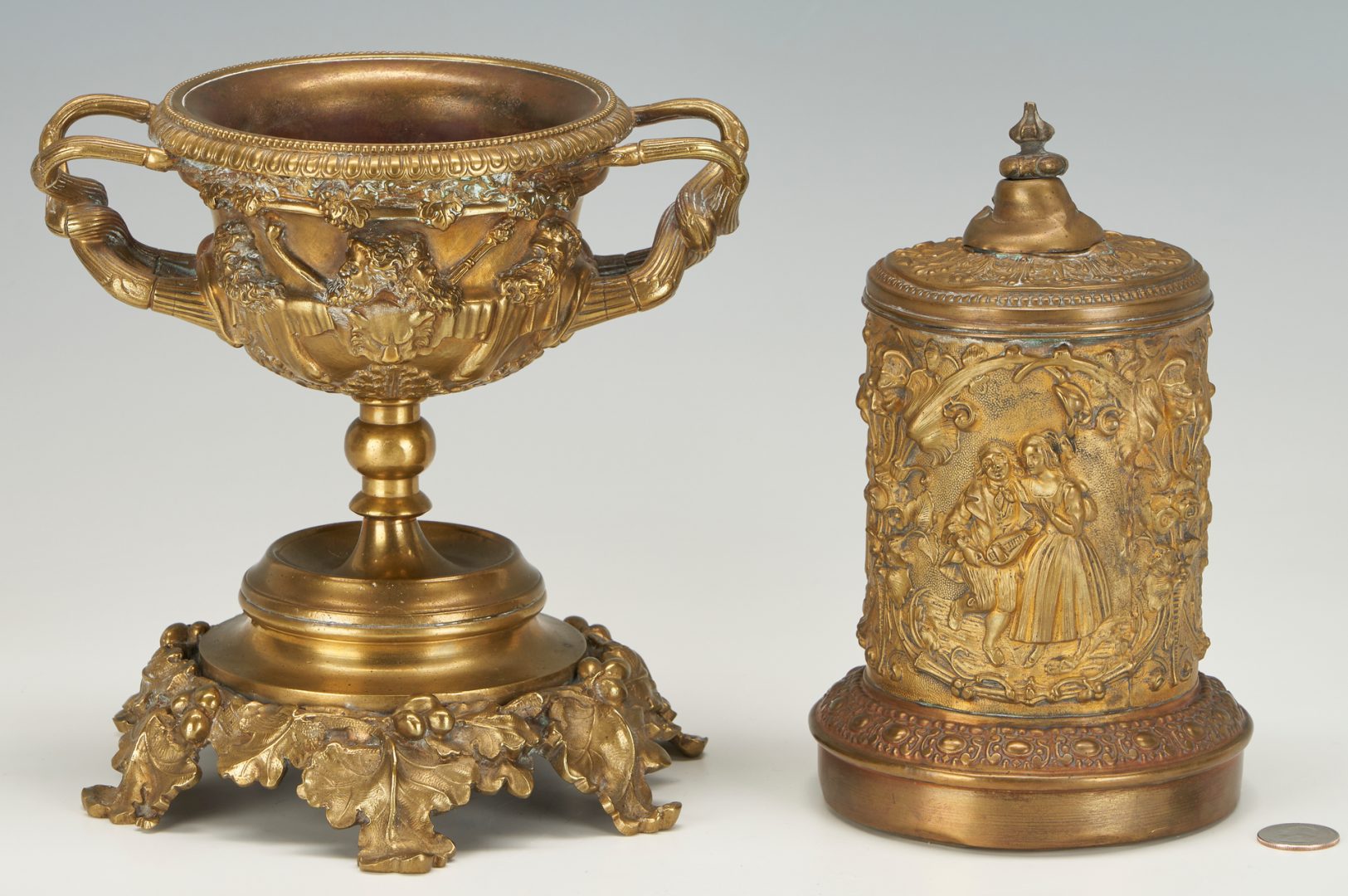 Lot 254: 3 Gilt Decorative Items, incl. Grand Tour Warwick Style Vase, Tobacco Box, & Figural Lamp