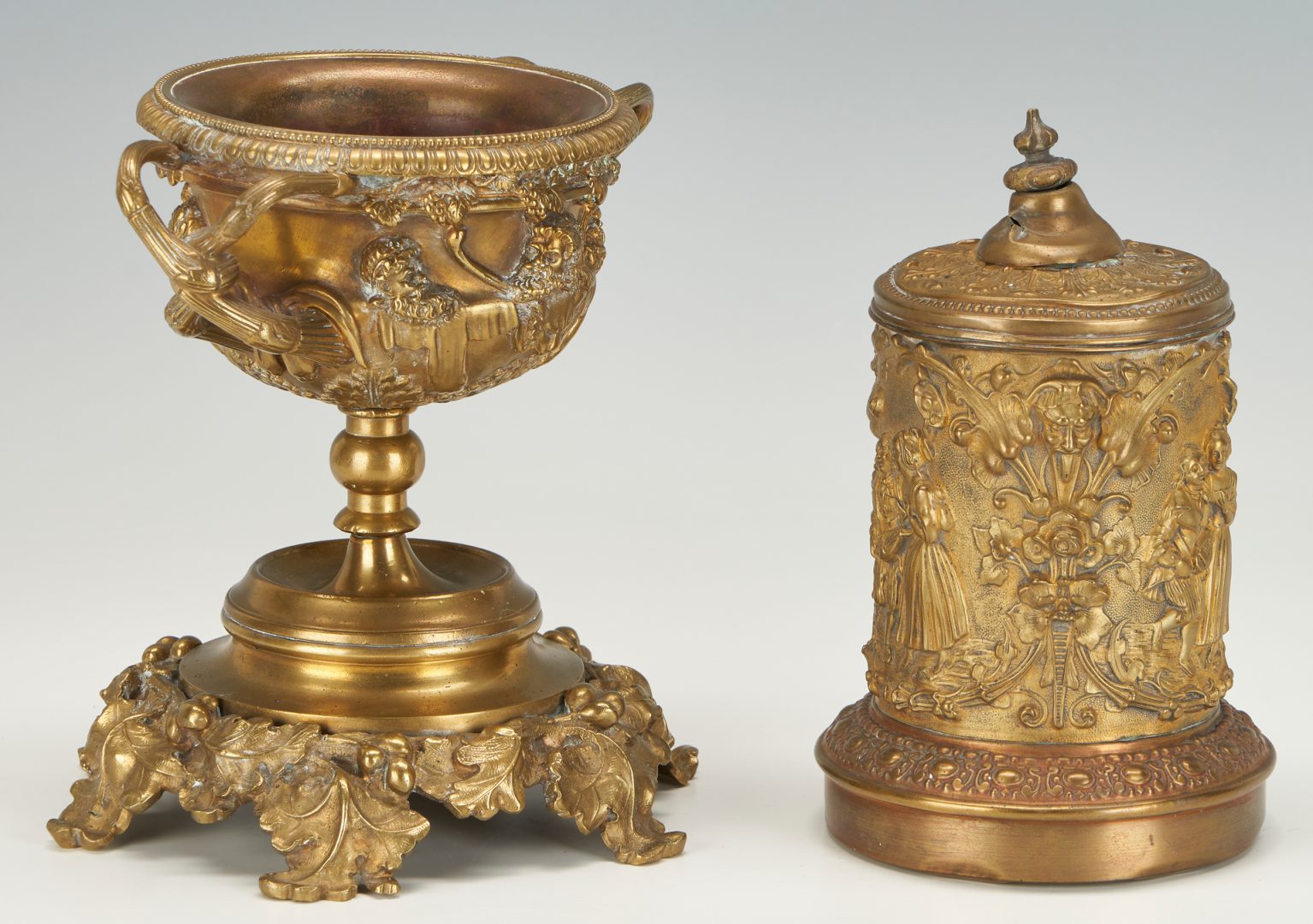 Lot 254: 3 Gilt Decorative Items, incl. Grand Tour Warwick Style Vase, Tobacco Box, & Figural Lamp