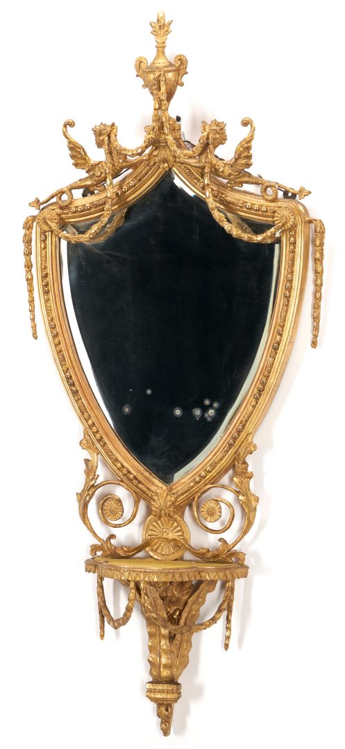 Lot 278: English Neoclassical Shield Form Giltwood Mirror
