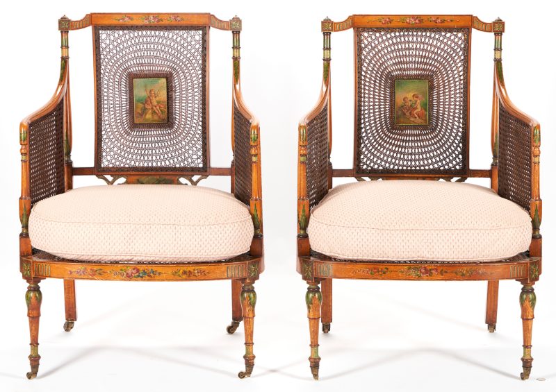 Lot 279: Pair of Painted Satinwood English Armchairs