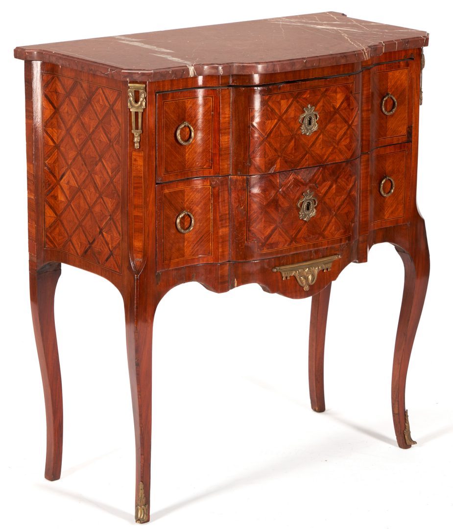Lot 284: Diminutive Rouge Marble Top Parquetry Commode