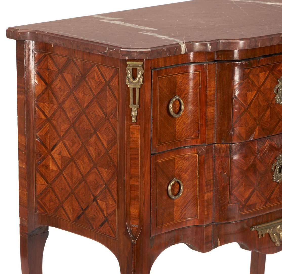 Lot 284: Diminutive Rouge Marble Top Parquetry Commode
