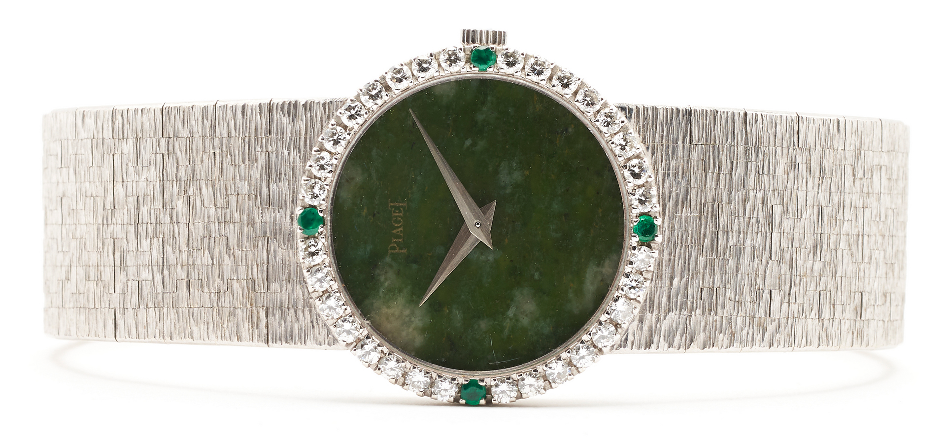 Lot 28: Ladies Piaget 18K Diamond & Emerald Watch, Jade Dial