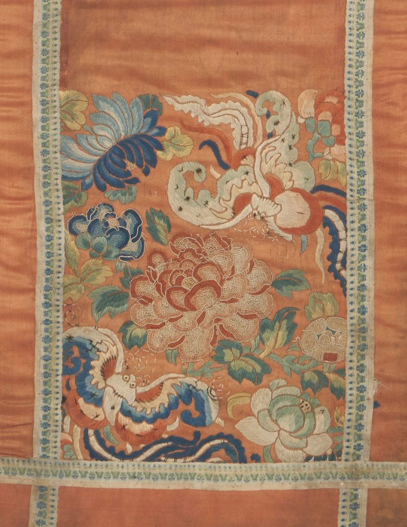 Lot 300: Chinese Qing Embroidery Panel, Bats & Chrysanthemums