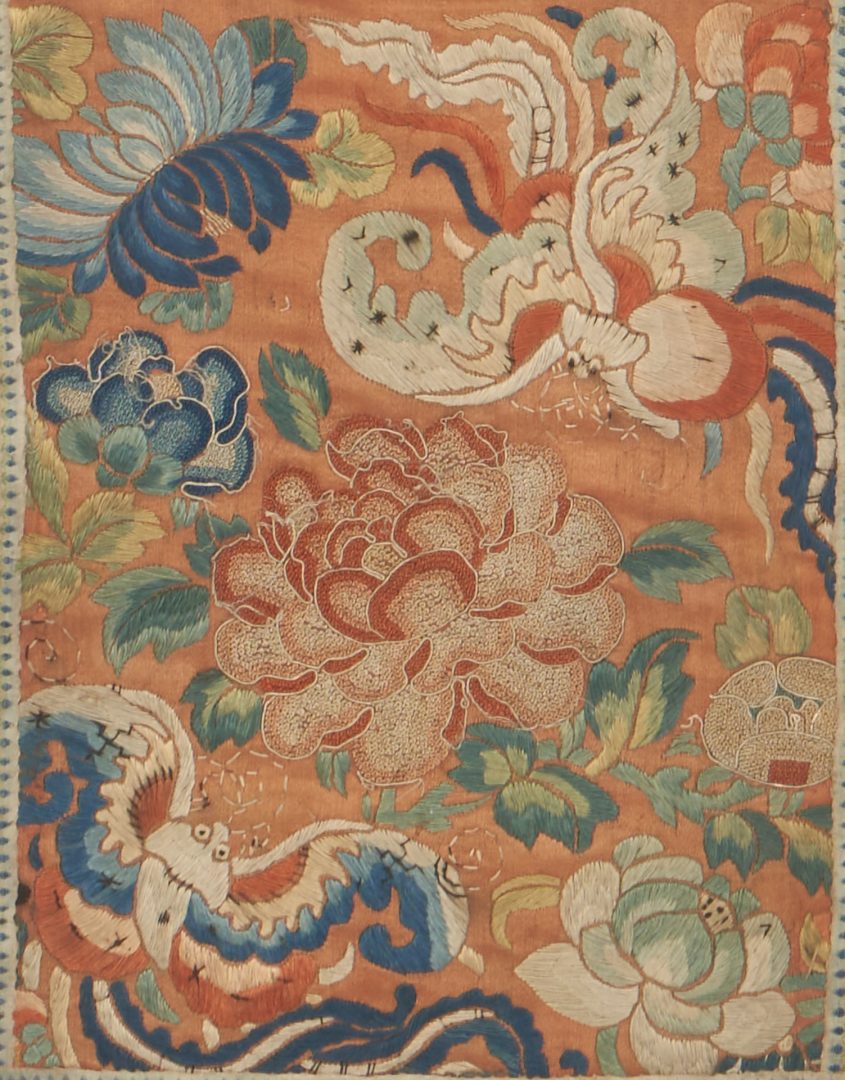 Lot 300: Chinese Qing Embroidery Panel, Bats & Chrysanthemums