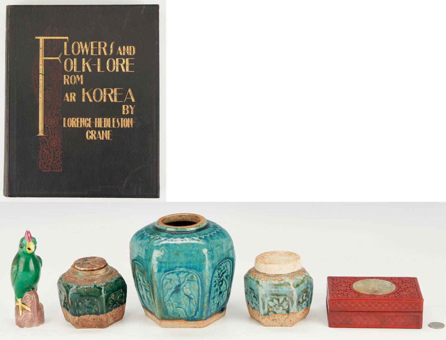 Lot 308: Asian Book and Porcelain Items, incl. Ginger Jars & Parrot