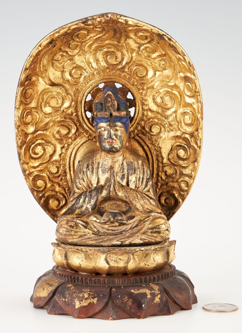Lot 309: Marbro Lamp Company Chinese Style Bronze Lamp & Asian Gilt & Polychrome Carved Buddha