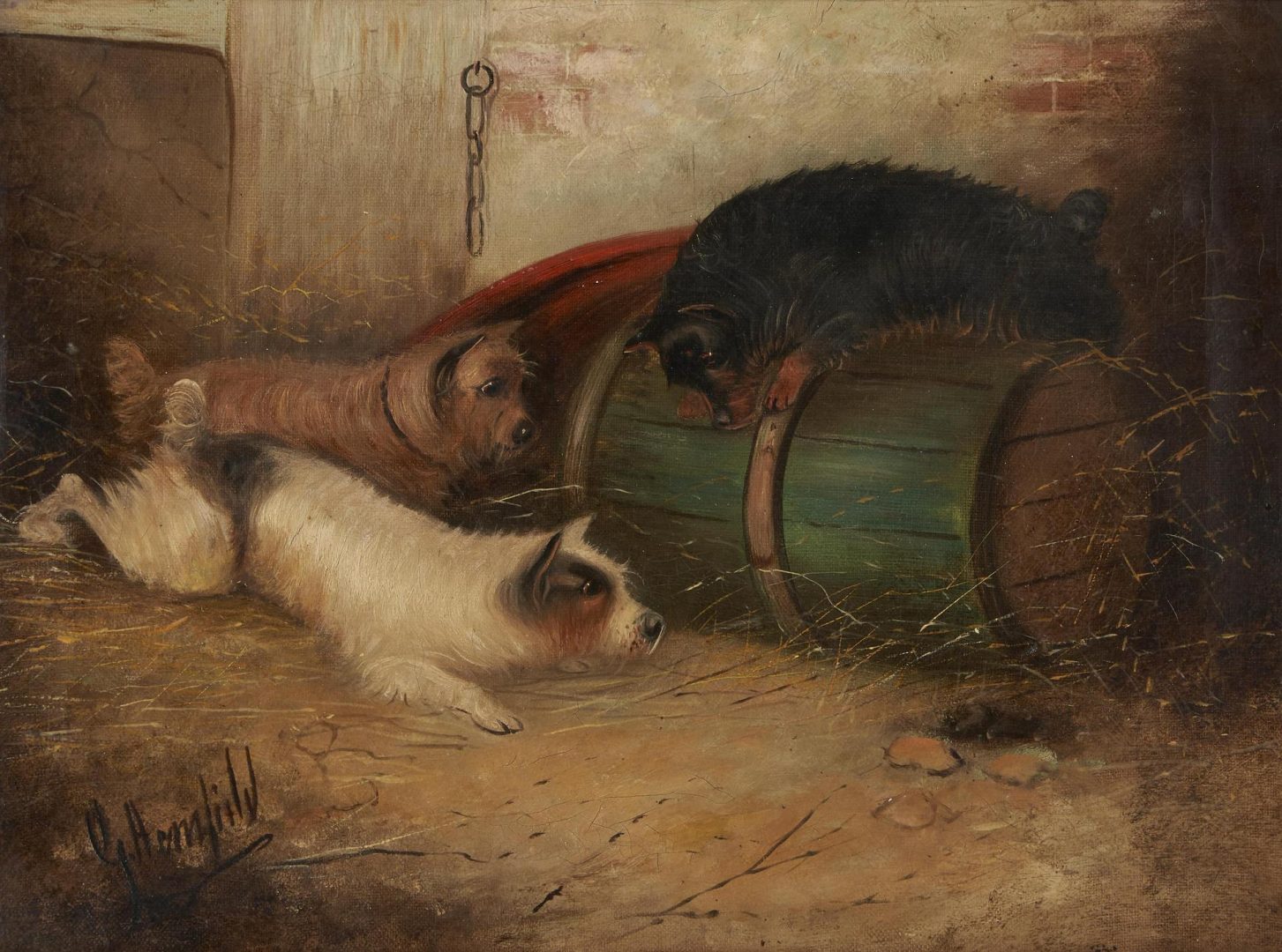 Lot 321: George Armfield O/C Painting, Three Dogs and a Barrel
