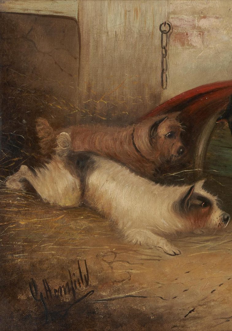 Lot 321: George Armfield O/C Painting, Three Dogs and a Barrel