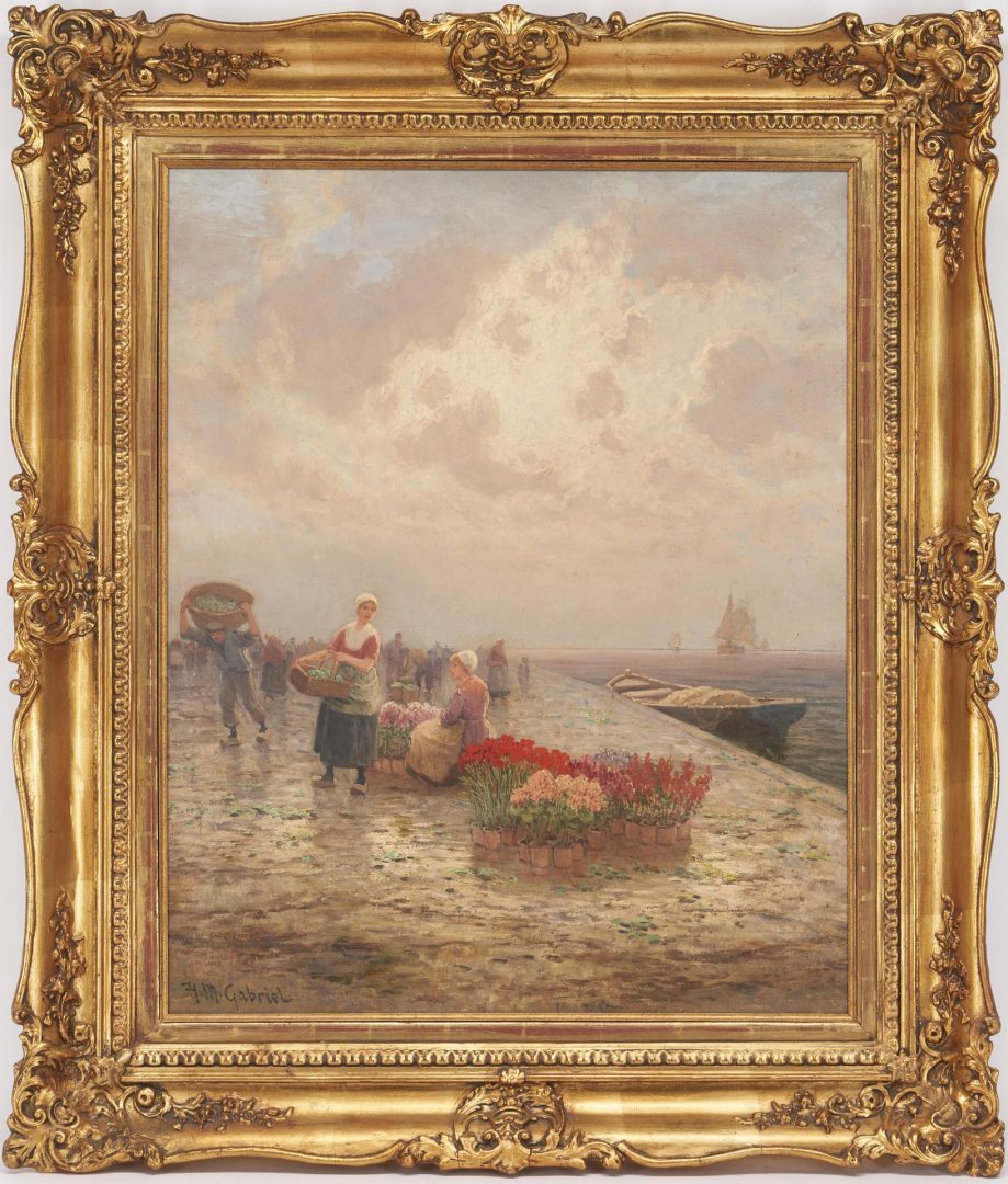 Lot 332: H.M. Gabriel O/C Painting, Flowersellers by a Dock