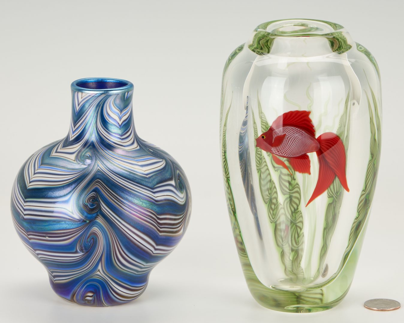 Lot 350: 2 Orient & Flume Art Glass Vases: Underwater Scene, Pulled Feather