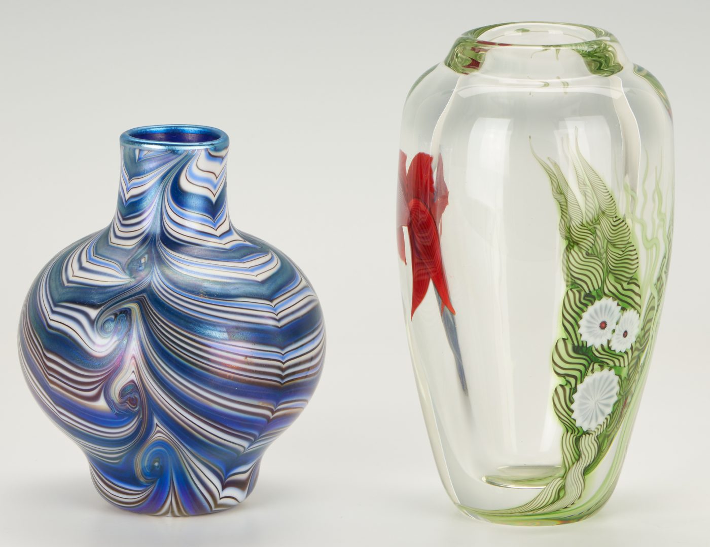 Lot 350: 2 Orient & Flume Art Glass Vases: Underwater Scene, Pulled Feather